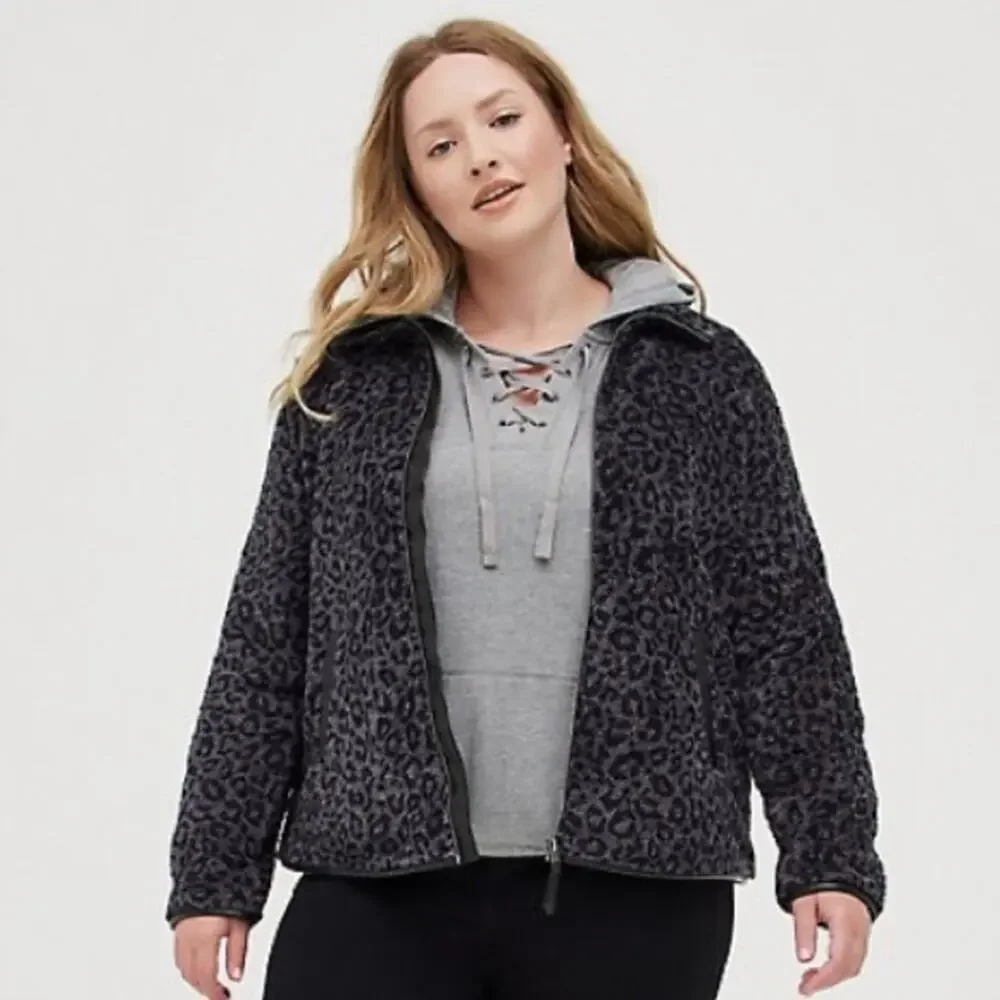 Torrid charcoal grey leopard Pu Trim Zip Front Sherpa